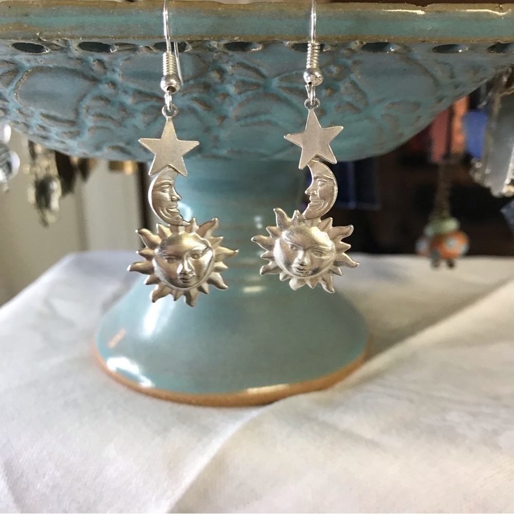 Sterling silver handcrafted sun, moon and star earrings, 2 inches long